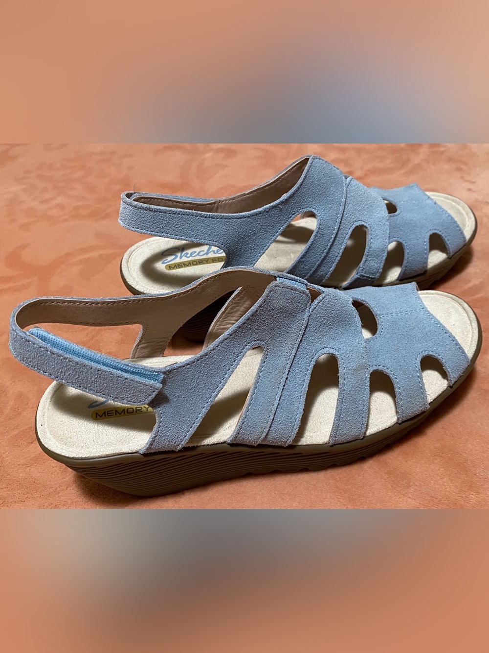 Skechers Parallel Stylin’ Blue Suede Cutout Wedge Sandals Women’s 7.5